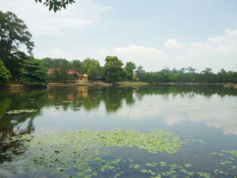 The vast lake surrounds the mausoleum